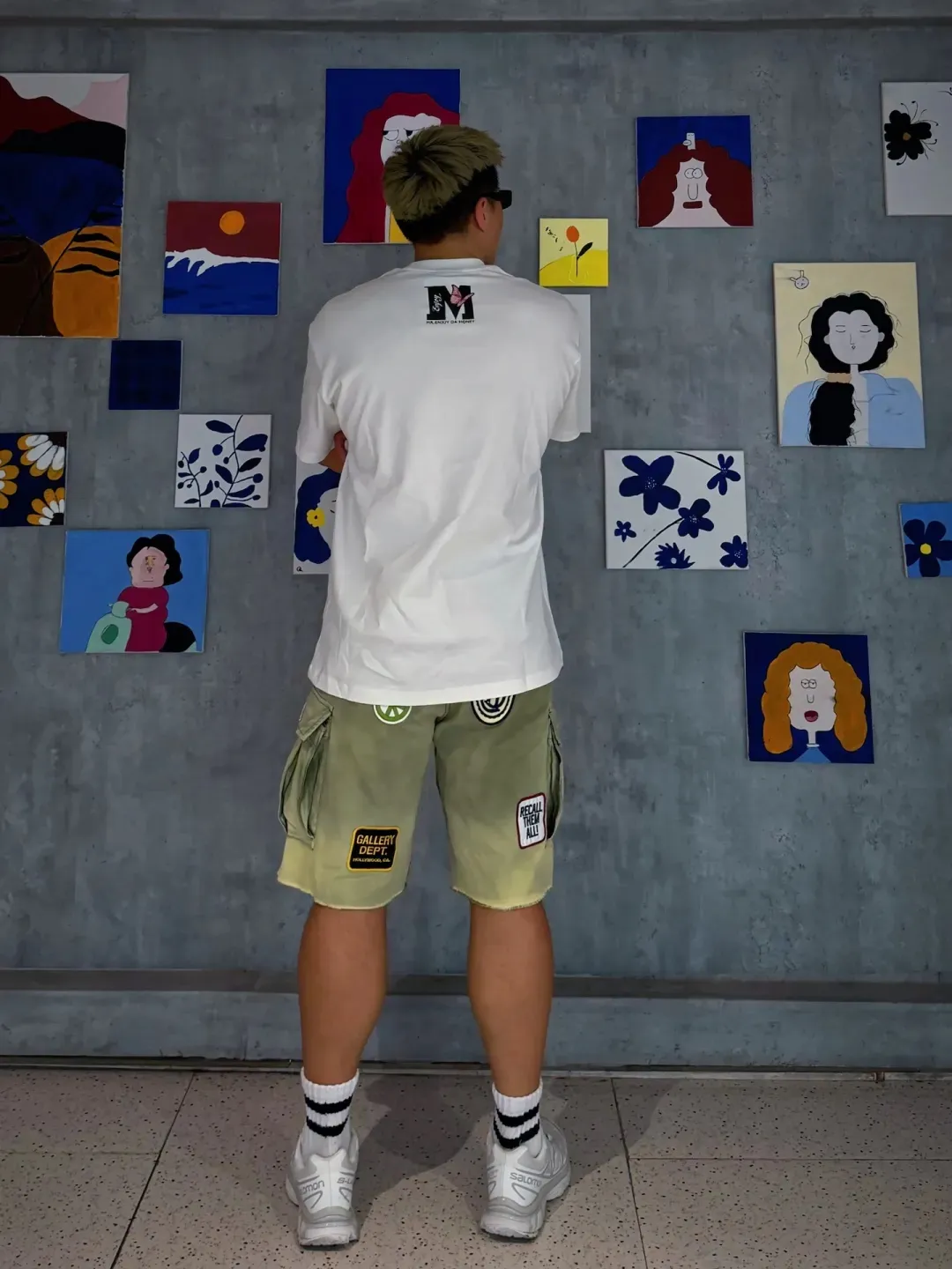 GALLERY DEPT. KENZIE FATIGUE CARGO SHORTS Patch embroidered shorts, distressed ink-splashed overalls, olive green size 30/32/34/36, heavy wash garment dyeing, jetted horse fade, washed and distressed products, each piece is slightly different, each piece is a work of art, Shimada machine embroidery, hand-splashed ink graffiti